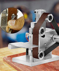 Electric Mini Belt Sander Bench Grinding Machine Automatic Belt Correction Adjustable Speed for precise woodworking.