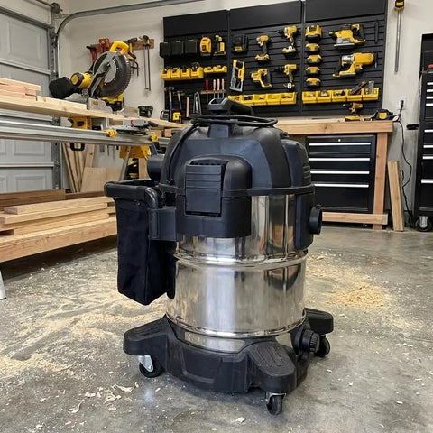 Replacement Tank Lock Clip Fits Dewalt 10 Gallon Wet Dry Vacuum For Dust Collection System. Stainless steel vacuum on workshop floor.
