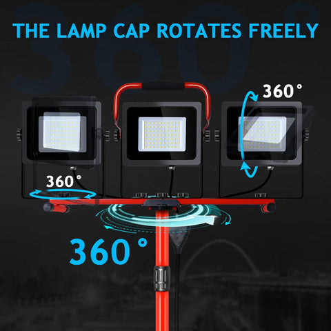 Beast Bright 150W LED Work Light With Tripod Stand showing 360-degree rotating lamp heads