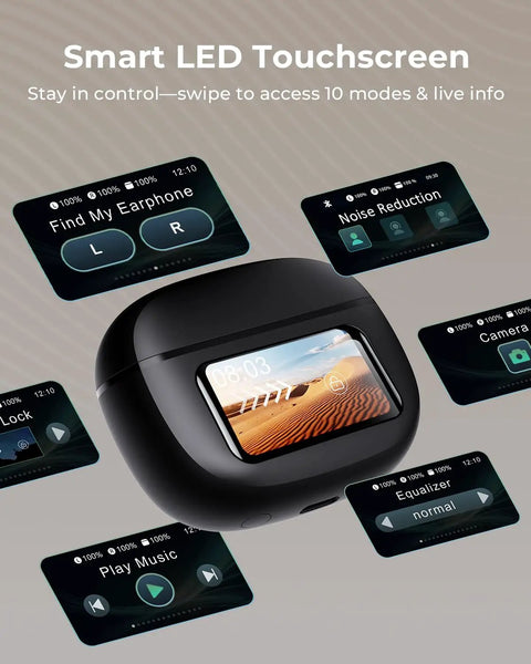 Wireless Earbuds With Active Noise Cancellation And Smart Touch Charging Case on display with smart LED touchscreen.
