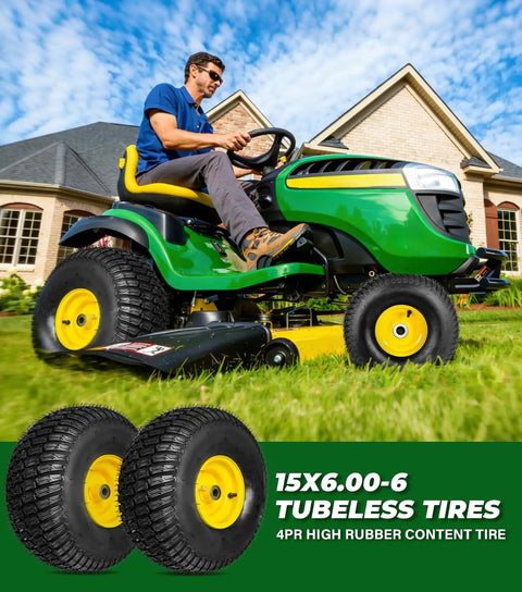 Heavy Duty Two Pack Front Tire And Wheel Assembly For Lawn Mower Sweet Smooth Roll on riding mower with 15x6.00-6 tires.