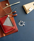 Badass Durable 110 Pack Leathercraft Screw Rivets and Gnarly Heavy Duty Metal Fasteners on a table beside a leather wallet and tools.