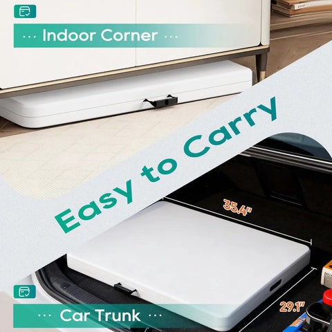 Six Foot Folding Table For Indoor And Outdoor Use Portable Picnic Party Table With Carrying Handle Fold In Half Design Lightweight White Plastic shown stored in a car trunk and indoor corner.