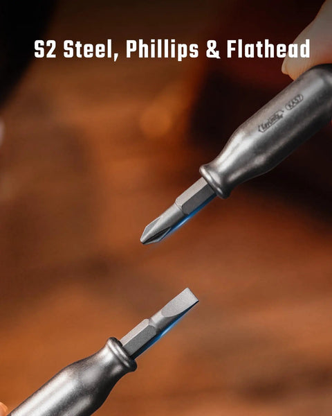 Rock Solid Premium Titanium Mini Screwdriver Featuring Super Magnetic Replaceable Bits And Rapid Phillips Flathead Swaps For Trustworthy Daily Use Everywhere with S2 steel tips shown.