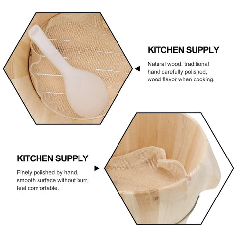 Premium Wooden Steaming Rice Basket Cooks Up Fluffy Fragrant Rice Fast with polished wood surface and silicone scoop.