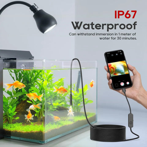 Pro-Grade Endoscope Camera With Light For Android And iOS immersed in a fish tank, showing water resistance and 1920P HD image on mobile device.