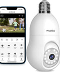 4MP Bulb Security Camera Wireless 360 Degree Panoramic 2K HD Day And Night Full Color Starlight Vision Motion Alerts Audible Alarm Easy Install Indoor Outdoor Alexa Compatible next to smartphone displaying camera interface.
