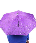 Raindrops Purple Umbrella Hat With Adjustable Fit For Outdoor Vibes, Sun Protection Cap on person, top view, 77cm coverage