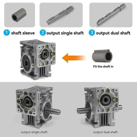 NEMA23 worm gearbox reducer with output shaft options, illustrating shaft sleeve and different output configurations.