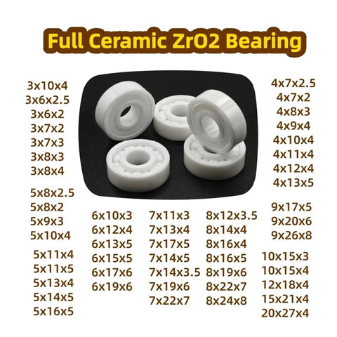 Bulletproof Full Ceramic ZrO2 Bearing For Spinning And Baitcasting Fishing Reels, five white ceramic bearings with sizes listed.