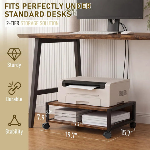 Straight Up Slick 2 Tier Printer Stand Under Desk With Easy Glide Wheels And Open Lower Shelf For A4 Paper Storage Brown Desktop Organizer showcasing printer and paper storage.