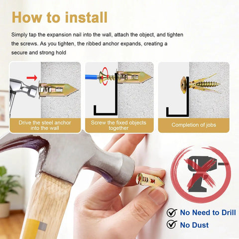Heavy Hauling Self Drilling Drywall Anchors With Screws Kit installation steps showing hammering anchors into wall.