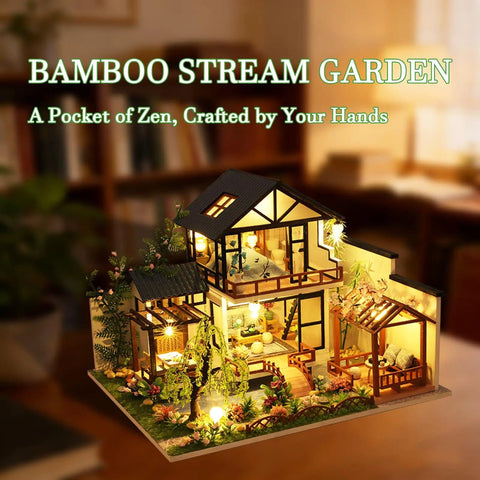 DIY Miniature House Kit With LED Lights, Wooden Dollhouse Craft Kit For Adults And Teens, Tiny Bamboo Stream Garden Dollhouse