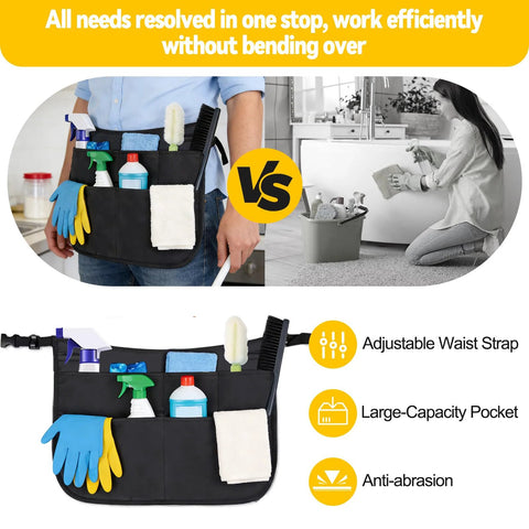 Person using Large Rolling Cleaning Caddy with Apron showing adjustable strap and pocket alongside cleaning tools display.