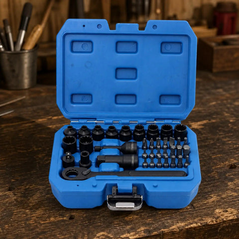 Rock Solid Heavy Duty 37 Piece 1/4 Inch Bidirectional Pass Through Ratchet Socket Set Go Through Deep Drive Tool Kit in blue case.