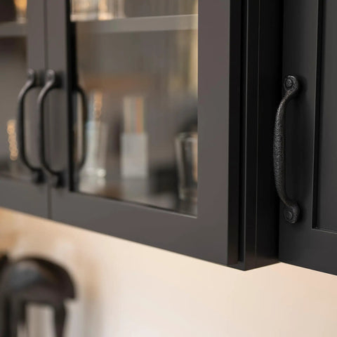 Solid Core Kitchen Cabinet Pulls Pack Of 10 In Black Iron For Doors And Dresser Drawers Luxury Hardware With Three Quarters Of An Inch Hole Center Heavy Duty Black Rustic Style From Refined Rustic Collection installed on cabinet doors