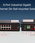 Beefy 8 Port Gigabit Ethernet Switch with 2 SFP Ports, DIN Rail and wall mountable, front and back view with RJ45 and power connectors