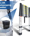12.5 Foot Telescoping Aluminum Ladder With One Button Retraction Collapsible Extension Ladder For Indoor And Outdoor Use Lightweight Rust Resistant Easy To Carry And No Fuss Setup shown with close-up of adjustment knob.