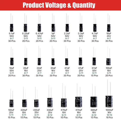 Top Shelf Aluminum Electrolytic Capacitor Assortment Kit 0.1Uf To 1000Uf Featuring 10V 16V 25V 50V Options Solid for DIY Electronics Repair with 500 pieces displayed.