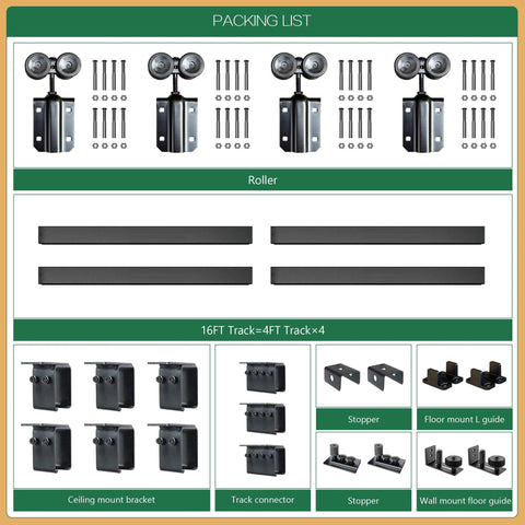 Outdoor Ceiling Mount Double Sliding Barn Door Hardware Kit 16 Feet Heavy Duty Box Track For Exterior Use Fits 2 By 48 Inch Doors Max Load 300 Lbs Hardware Only No Door components including rollers, brackets, and tracks.