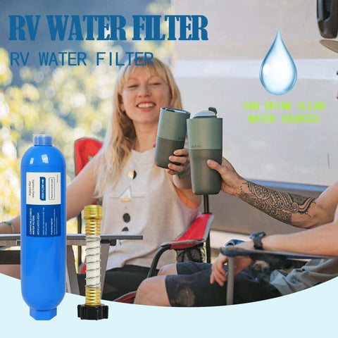 Image of RV Inline Water Filter 2 Pack with flexible hose guards for clean water on the road, featuring blue filter and dual cups.