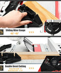 Sliding miter gauge and double bevel cutting on 10 Inch Table Saw Electric Cutting Machine With Aluminum Tabletop And Woodworking Stand 15 Amp Motor Delivers 5000 RPM Heavy Duty Portable Saw For Precise Cuts And Guarded Safety.