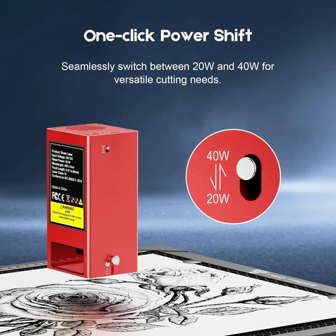 Badass Precision Laser Engraver And Cutter With Huge 450X410 Millimeter Workspace showing power switch for 20W and 40W cutting.