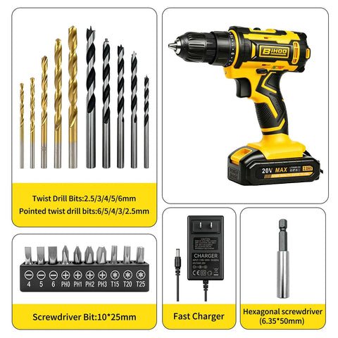 20 Volt Cordless Drill And Driver Combo Pack With Long Lasting Battery And Quick Charge Adapter showing drill, drill bits, and charger.