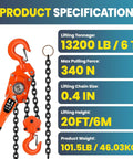Heavy Duty Manual Chain Winch Lever Hoist 13200 Lbs with specifications and orange body