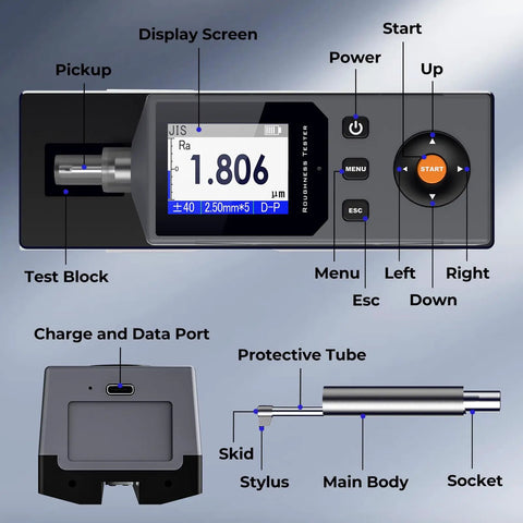 Front view of Pro Grade Surface Roughness Tester with 5 Micron Diamond Stylus Inductive Sensor High Precision Digital Profilometer