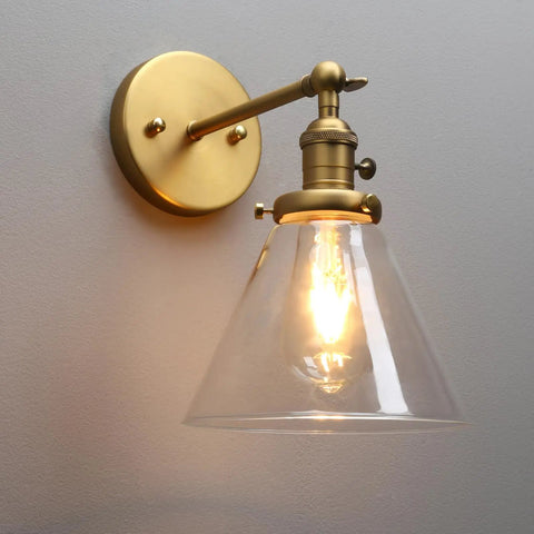 1 Light Wall Mount Sconce With Funnel Flared Clear Glass Shade Handblown Glass Lampshade Dope Industrial Antique Gold Finish