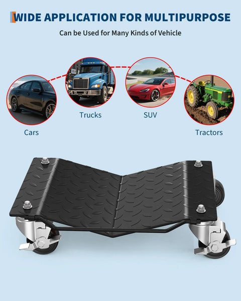 Heavy Duty Tire Wheel Dollies 4 Pack Garage Car Movers, Bad Boy Steel Floor Rollers with locking brakes for trucks and SUVs.