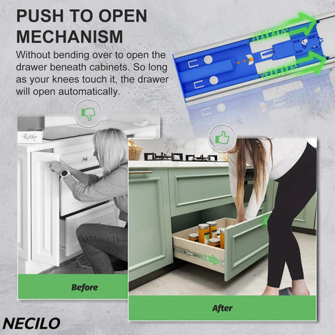 Slick Heavy Duty 12 Inch Stainless Steel Push To Open Drawer Slides Rustproof Waterproof Cabinet Tracks For Seamless Kitchen And Bathroom Storage Builds, showcasing installation before and after.