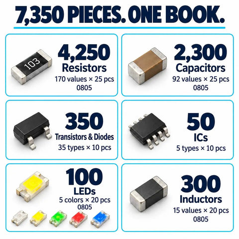 Badass 7350 Piece 0805 SMD Resistor Capacitor Assortment Kit Featuring 170 Precision Values Alongside Transistors Diodes ICs And LEDs, includes resistors, capacitors, and components.