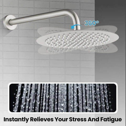 Two Function Shower Faucet Set With Wall Mount High Pressure Brass Valve And Rough In Included Handheld Showerhead 10 Inch Round Rainfall Shower Head Brushed Nickel Finish SUS304 Stainless Steel Construction Premium Bathroom Upgrade with 360 degree rotation