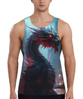 Rock Solid Black Mechanical Dragon Print Workout Tank Top For Men, Sweat Wicking Sleeveless Muscle Tee, Lightweight Quick Dry Gym Shirt Built For Heavy Lifting And Maximum Drip On The Daily Grind, displayed on male model