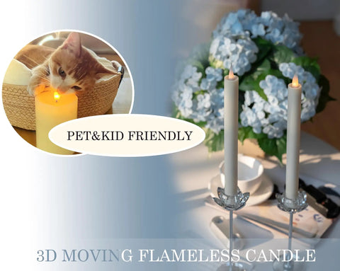 Flameless Taper Candles With Remote And Timer Realistic 3D Moving Flame Battery Operated LEDs 9 Inch Ivory Window Candles Up To 400 Hours Safe Smokeless Home Decor For Cozy Vibes on table with flowers, cat