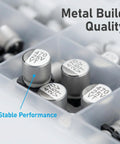 No Brainer 400Pcs SMD Aluminum Electrolytic Capacitor Kit With 24 Values From 1Uf To 1000Uf showcasing metal capacitors in storage.