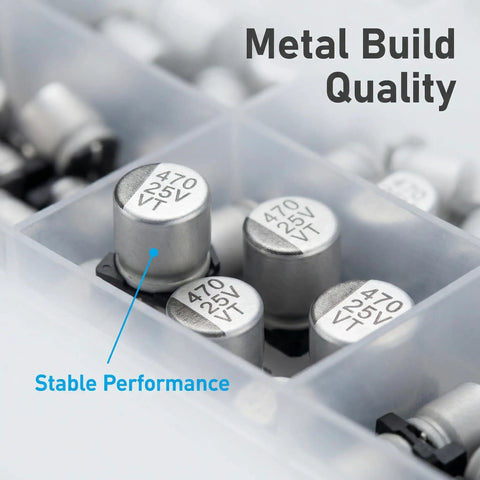 No Brainer 400Pcs SMD Aluminum Electrolytic Capacitor Kit With 24 Values From 1Uf To 1000Uf showcasing metal capacitors in storage.
