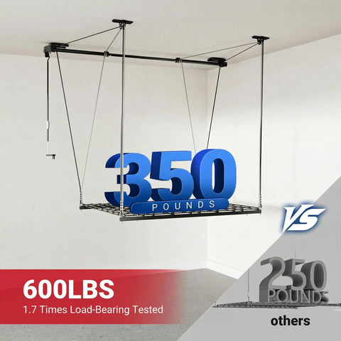 Heavy Duty Overhead Garage Storage Rack 4X4 Ft Ceiling Hoist System Adjustable Metal Organizer Holds Up To 350 Pounds showing 350 lbs capacity.
