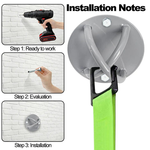 Installation process for Legit Heavy Duty Wall Mount Bracket For Suspension Straps with drill, screw, and mounted bracket.