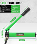 CP 180 hand pump with green finish showcasing dimensions 13.38in height, 4.3in width for hydraulic cylinder use.