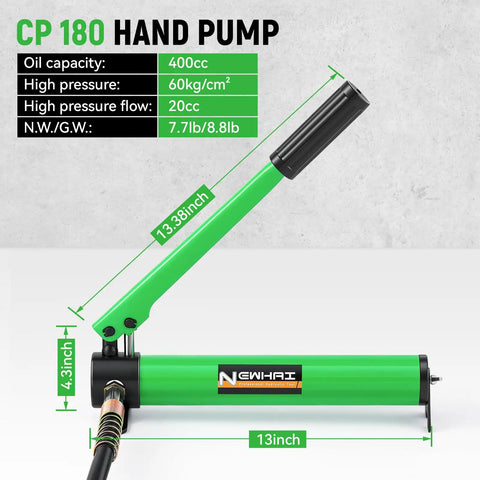 CP 180 hand pump with green finish showcasing dimensions 13.38in height, 4.3in width for hydraulic cylinder use.