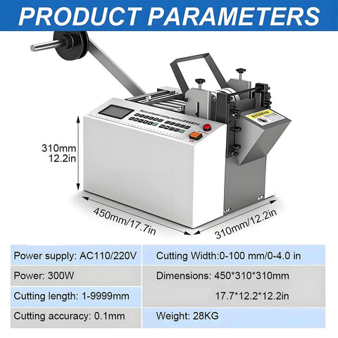 Fully Automatic Heat Shrink Tube Cutter With Digital Micro Computer Control Slices Up To Three Sleeves At Once Adjustable Electric Cable And Rubber Pipe Machine dimensions and product parameters displayed.