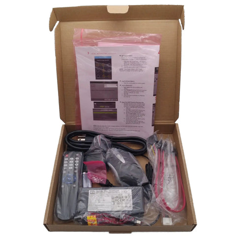 Open box with DS-7208HUHI-F2/N Digital Video Recorder 8 Channel for HD-TVI and Analog Cameras, cables, remote, and manual