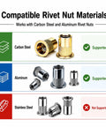 Compatible Rivet Nut Materials for High Voltage Brushless Rivet Nut Tool With Kick Butt 2030 Lbs Tug: Carbon Steel & Aluminum supported.