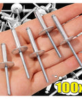 Large Flange Aluminum Blind Rivets Set For Quick Fixes Pop Rivet Kit 4.8mm Diameter displayed in hand showing various sizes.