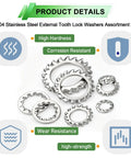 Garage Built 550 Piece External Tooth Lock Washer Assortment Kit Metric M2.5 To M12 Sizes features various sizes of 304 stainless steel washers.