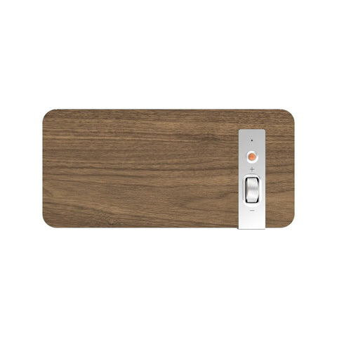 Top view of Premium Tabletop Bluetooth Speaker System with walnut real wood veneer and tactile controls.