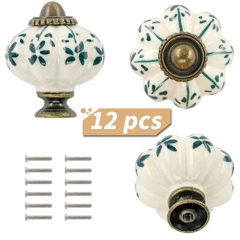 Ivory Ceramic Pumpkin Knobs 12 Pack For Cabinets And Dressers Vintage Green Flower Pulls With Screws Included.